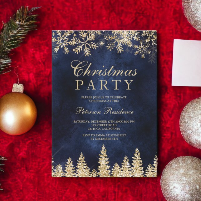 Convites pinheiro marinho azul- de ouro, Natal (gold snow pine navy blue chic corporate Christmas Invitation)