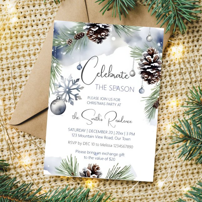 Convites Pinheiros com aquarela de Natal (Celebrate the season Christmas dinner party editable template invitation digital download watercolor)