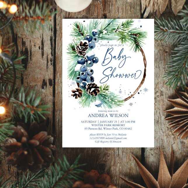 Convites Pinheiros com neve chá de fraldas de inverno coroa (Winter baby shower snowy pine wreath editable template invitation digital download  dusty blue )