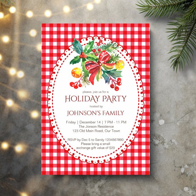 Convites Pinheiros de gingham vermelhos de festas de Natal (Red gingham retro grand millennial Christmas holiday party invitation cards template)