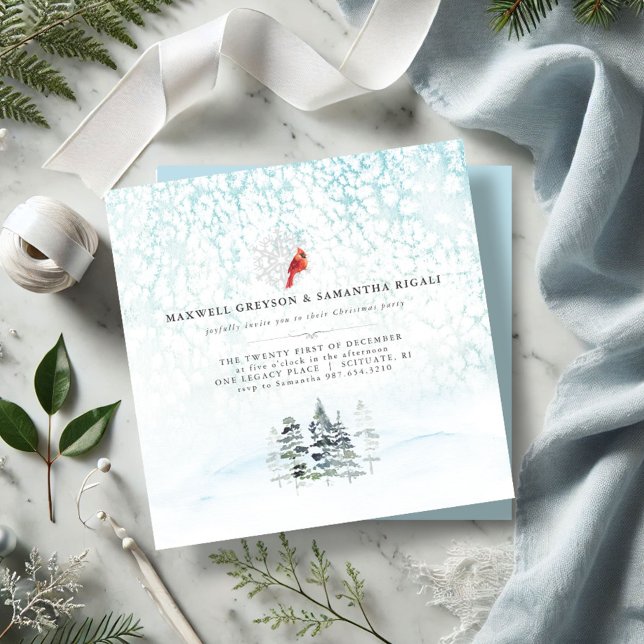 Convites Pinheiros de Inverno Festa de Natal Personalizável (Christmas party invitations watercolor pine trees red cardinal wintery scene minimalistic)