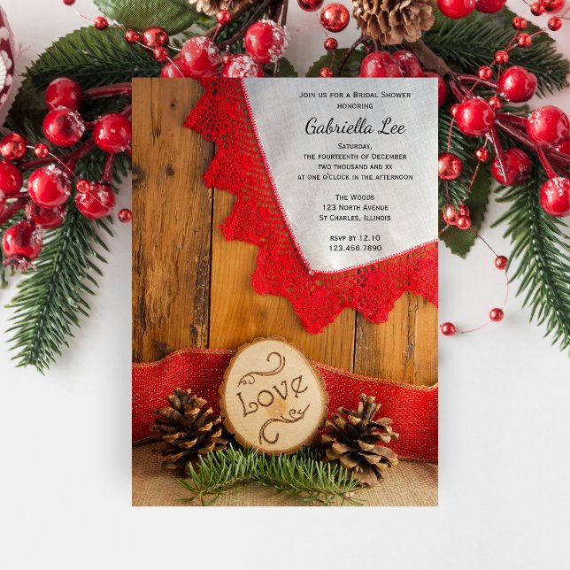 Convites Pinheiros Russos e Chá de panela de rendas Vermelh (Set a festive tone with the Rustic Pines and Red Lace Winter Woodland Bridal Shower Invitation.)
