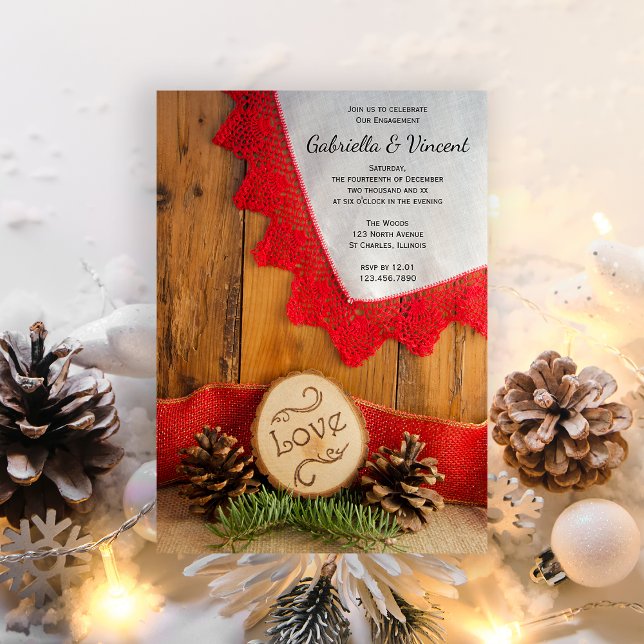 Convites Pinheiros Russos e Festa de noivado de inverno de  (Celebrate your winter engagement with the festive Rustic Pines and Red Lace Woodland Invitation.)
