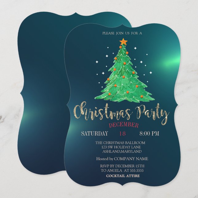 Convites Pinho de Natal em Aquarela, Festa de Empresa Verde (Frente/Verso)
