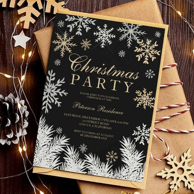 Convites Pinho preto com floco de neve moderno Natal (Modern snowflake pine black winter Christmas Invitation)