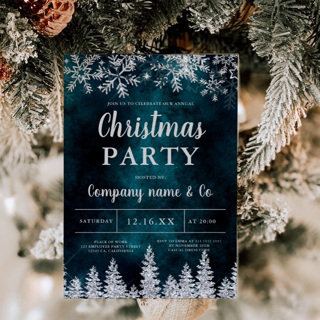 Convites Pinho verde-prata de inverno Natal (Winter silver snow pine green corporate Christmas Invitation)