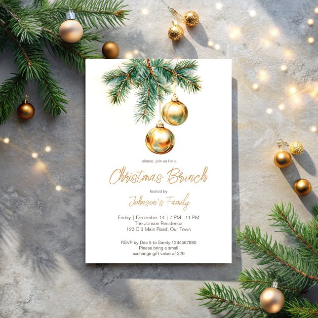 Convites Pinhões de ouro para salto de Natal (Christmas brunch party invitation cards gold baubles pines simple modern Christmas invitation)