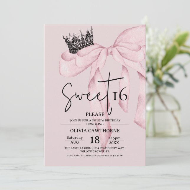 Convites  Pink 16th Birthday ⎮Modern Bow Sweet 16 (Em pé/Frente)