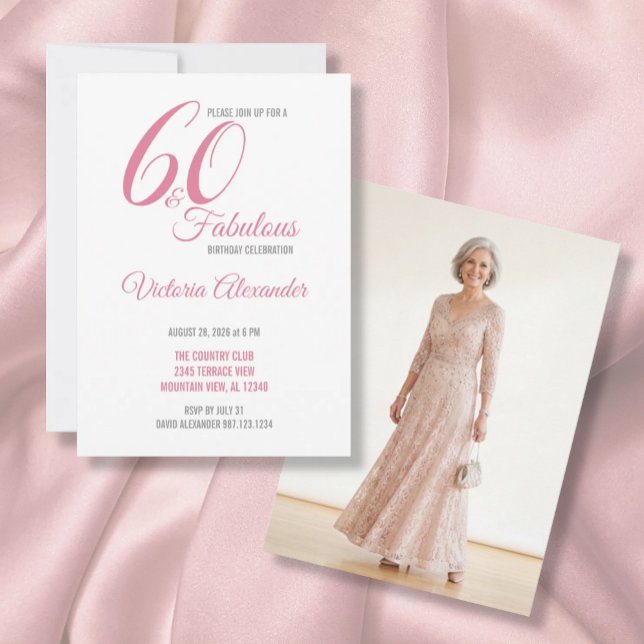 Convites Pink 60 and Fabulous Elegant Script Birthday (Pink 60 and Fabulous Elegant Script Birthday Invitation)