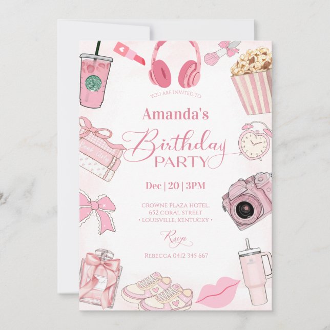 Convites Pink Aesthetic Girl Birthday Party Invitation (Frente)