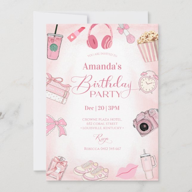 Convites Pink Aesthetic Girl Birthday Party Invitation (Frente)