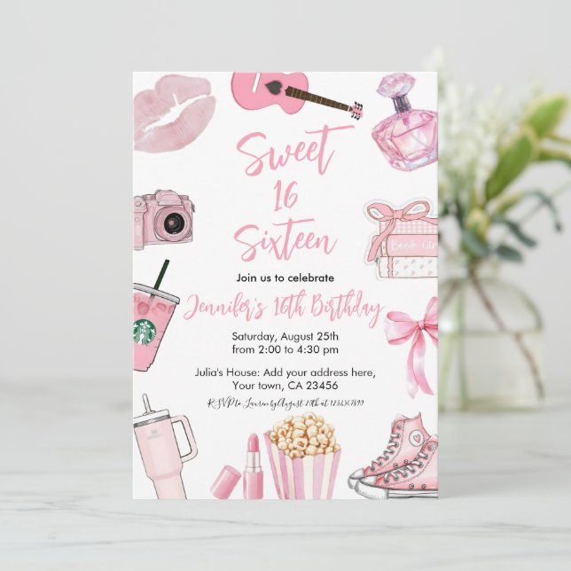Convites Pink aesthetic Sweet Sixteen 16 Teen Girl Birthday (Em pé/Frente)