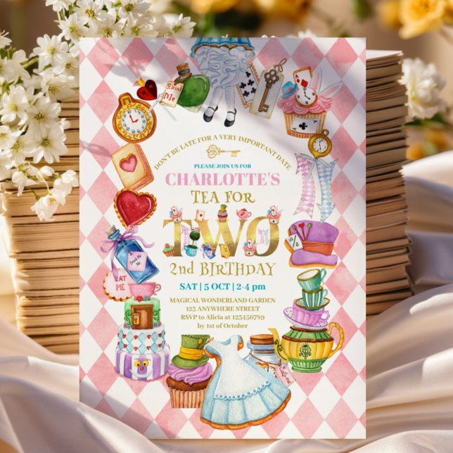 Convites Pink Alice in Wonderland 2nd birthday Invitation (Criador carregado)