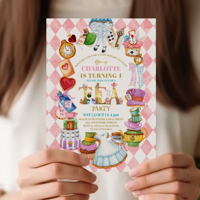 Convites Pink Alice in Wonderland 4th birthday Invitation (Criador carregado)