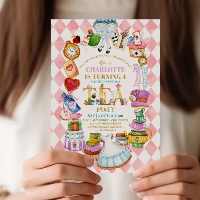 Convites Pink Alice in Wonderland 4th birthday Invitation (Criador carregado)