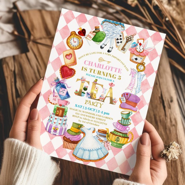 Convites Pink Alice in Wonderland 5th birthday Invitation (Criador carregado)