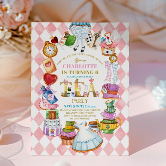 Convites Pink Alice in Wonderland 6th birthday Invitation (Criador carregado)