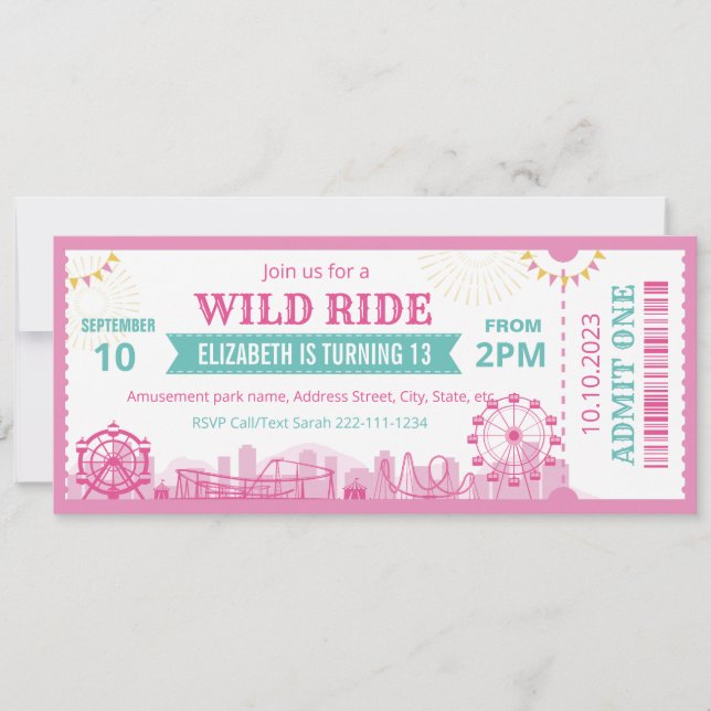 Convites Pink Amusement Park Birthday Invitation Ticket  (Frente)