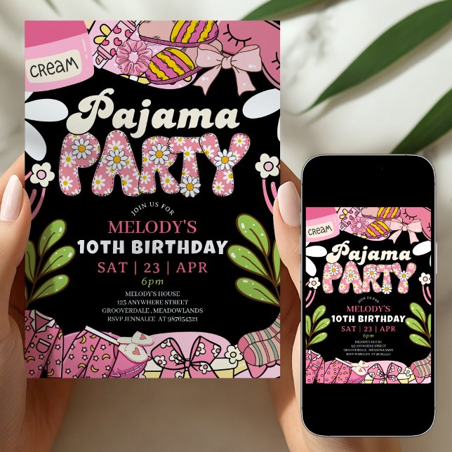 Convites Pink and Black Daisy Pajama Party Birthday  (Criador carregado)