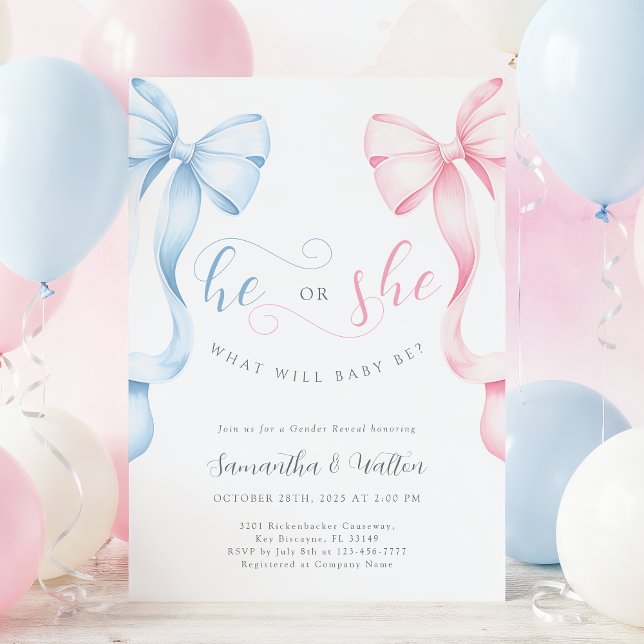 Convites Pink and Blue Bows Gender Reveal Invitation (Criador carregado)