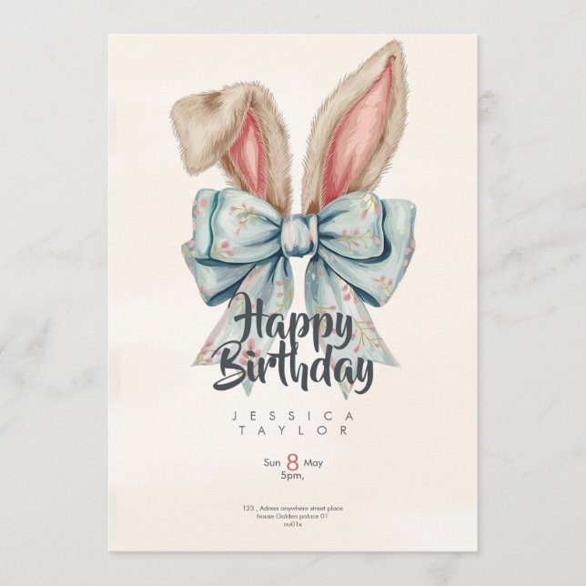 Convites Pink and blue Bunny bow Birthday invitation (Frente)