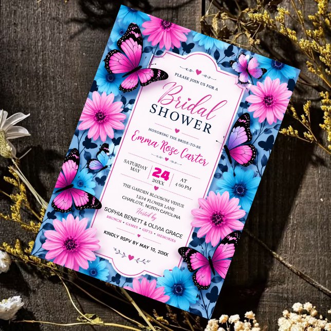 Convites Pink and Blue Butterfly Bridal Shower Invitation (Criador carregado)
