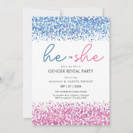 Convites Pink and Blue white Gliter He or She Gender Reveal