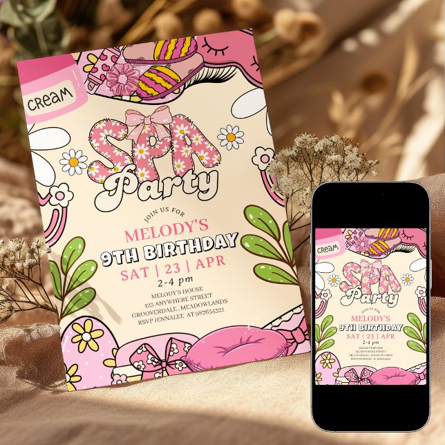 Convites Pink and Cream Retro Daisy Spa Party Birthday  (Criador carregado)