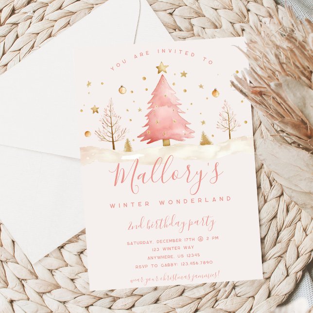 Convites Pink and Gold Christmas Birthday Invitation  (Criador carregado)