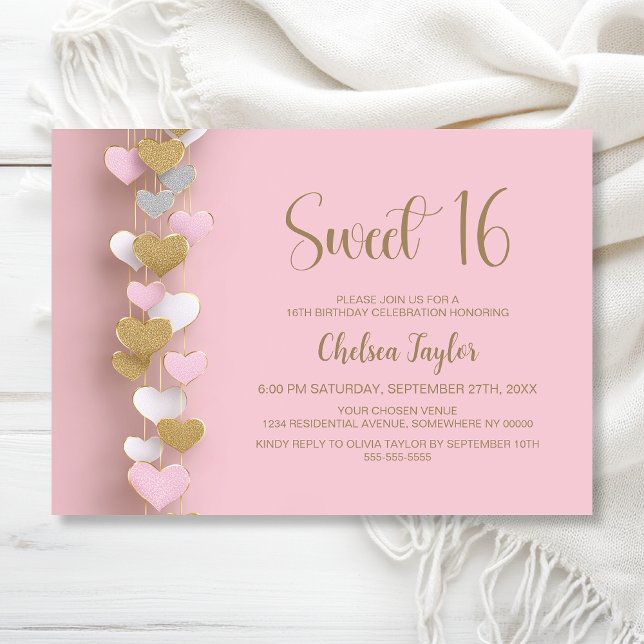 Convites Pink and Gold Heart Theme Sweet 16 Birthday (Criador carregado)