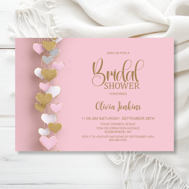 Convites Pink and Gold Hearts Bridal Shower (Criador carregado)
