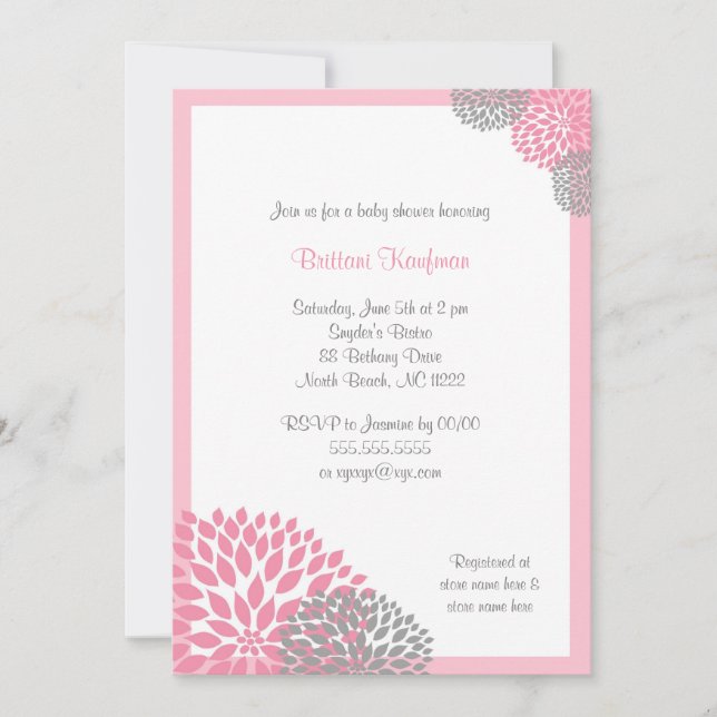 Convites Pink and Gray Dahlia Baby Shower Invitation (Frente)