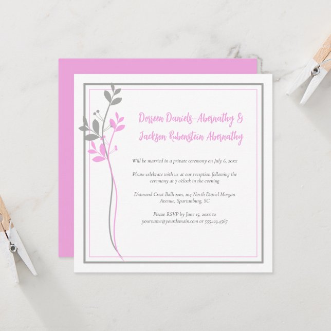 Convites Pink and Gray Modern Botanical Reception Only | (Frente/Verso In Situ)