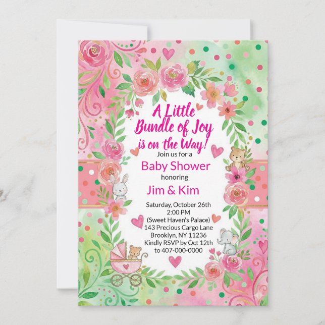 Convites Pink and Green Baby Shower Invitation (Frente)