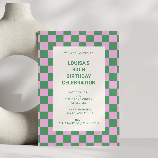 Convites Pink and Green Checkerboard 30th Birthday Party (Criador carregado)