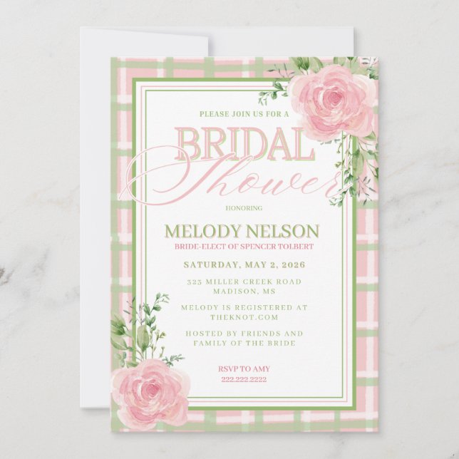 Convites Pink and Green Floral Bridal Shower Invitation (Frente)