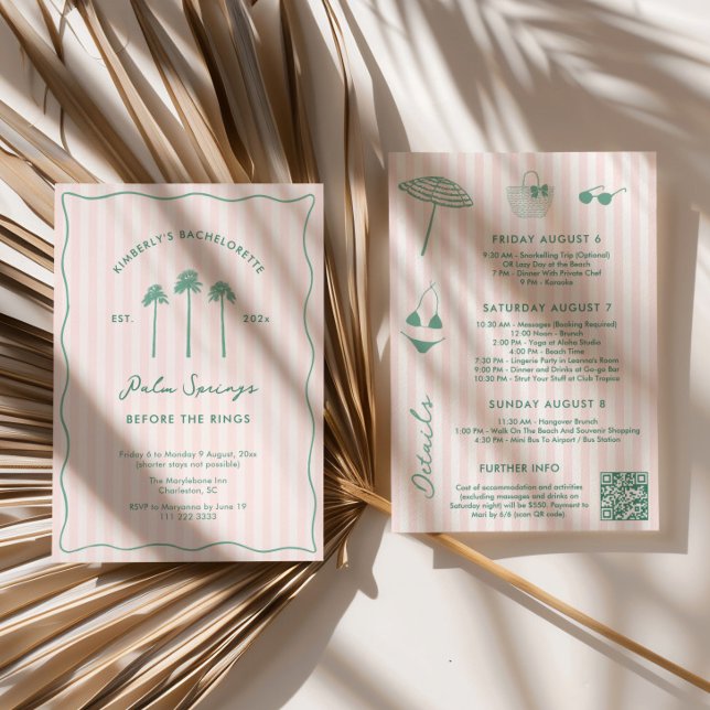 Convites Pink And Green Palm Springs Bachelorette Weekend (Double-sided Palm Springs Before the Rings theme bachelorette weekend party itinerary invitation)