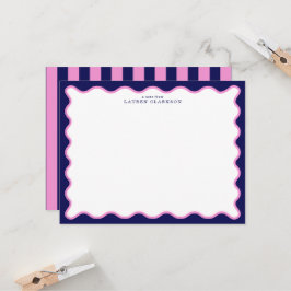 Convites Pink and Navy Wavy Frame Note Card with Striped Ba