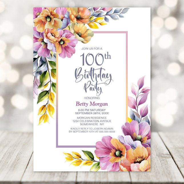 Convites Pink and Orange Floral 100th Birthday Party (Criador carregado)
