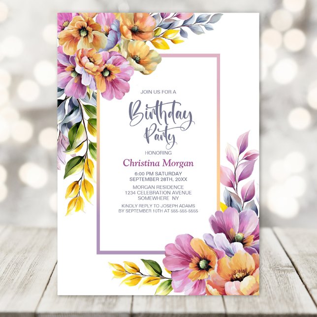 Convites Pink and Orange Floral Any Age Birthday Party (Criador carregado)