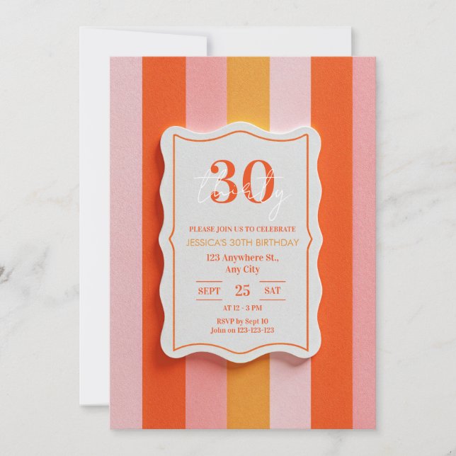 Convites Pink and Orange Gummy Striped Frame Birthday (Frente)