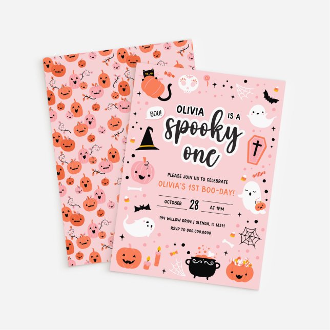 Convites Pink and Orange Halloween 1st Birthday Invitation  (White BG Pink and Orange Halloween 1st Birthday Invitation)