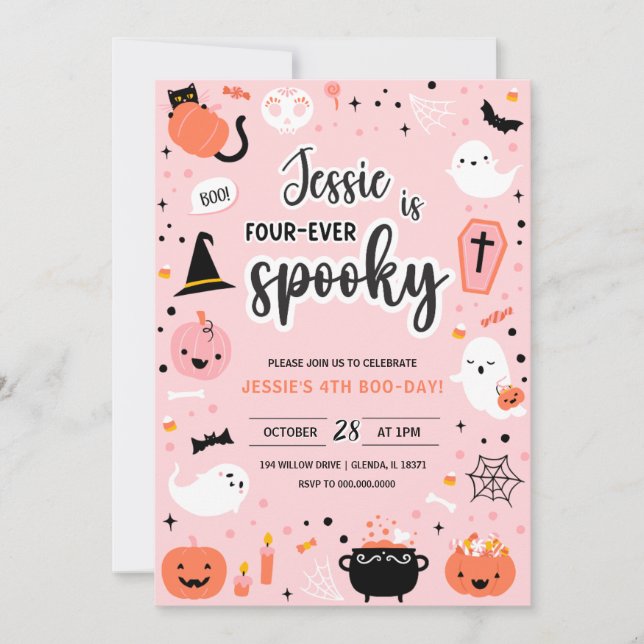 Convites Pink and Orange Halloween 4th Birthday Invitation  (Frente)