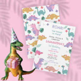 Convites Pink and Pastel Girls Dinosaur Birthday Invitation