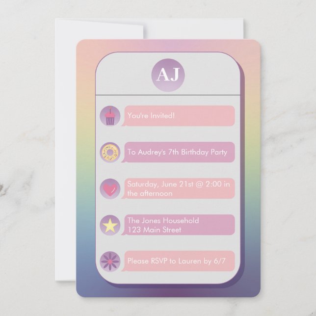 Convites Pink and Purple Cell Phone Kid's Birthday Party (Frente)