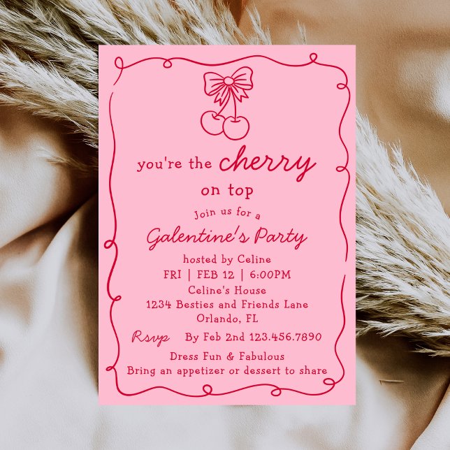 Convites Pink and Red Cherry On Top Galentines Dinner Party (Criador carregado)