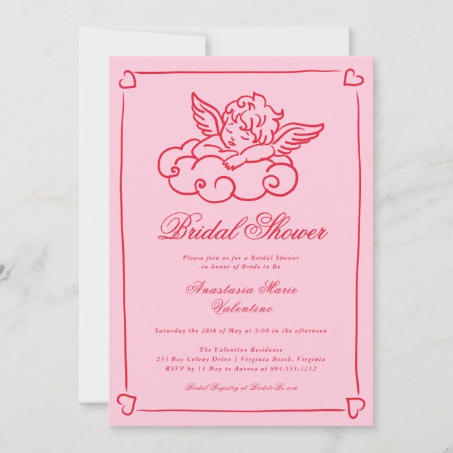 Convites Pink and Red Cherub Whimsical Bridal Shower  (Frente)