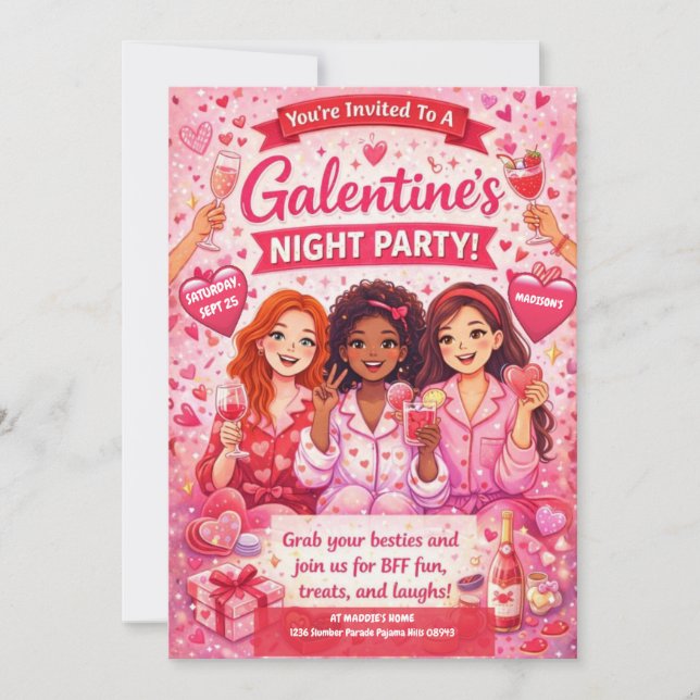 Convites Pink and Red Galentine's Night Party Invitation (Frente)