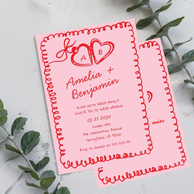 Convites pink and red hand drawn heart Whimsical Wedding  (Criador carregado)