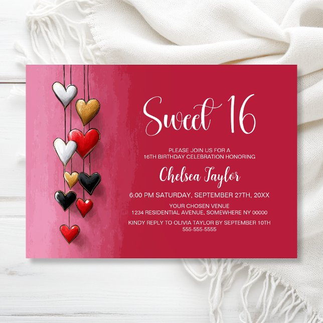 Convites Pink and Red Heart Theme Sweet 16 Birthday (Criador carregado)